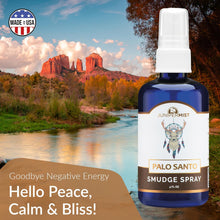 Load image into Gallery viewer, Palo Santo and Sage Smudge Spray (4 Fl Oz) - for Cleansing Negative Energy - Sage Spray Alternative to Smudge Sticks - Sustainably Made in USA with Pure Essential Oils and Real Crystals
